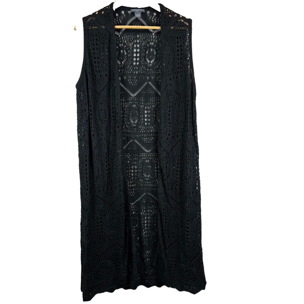 Chelsea & Theodore 1X Crochet Open Front Long Line Duster Vest Cardigan Boho